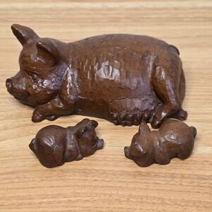 Vintage Red Mill Pig Figurines Set of Three Mom Pig & 2 Piglets Brown Pecan Wood